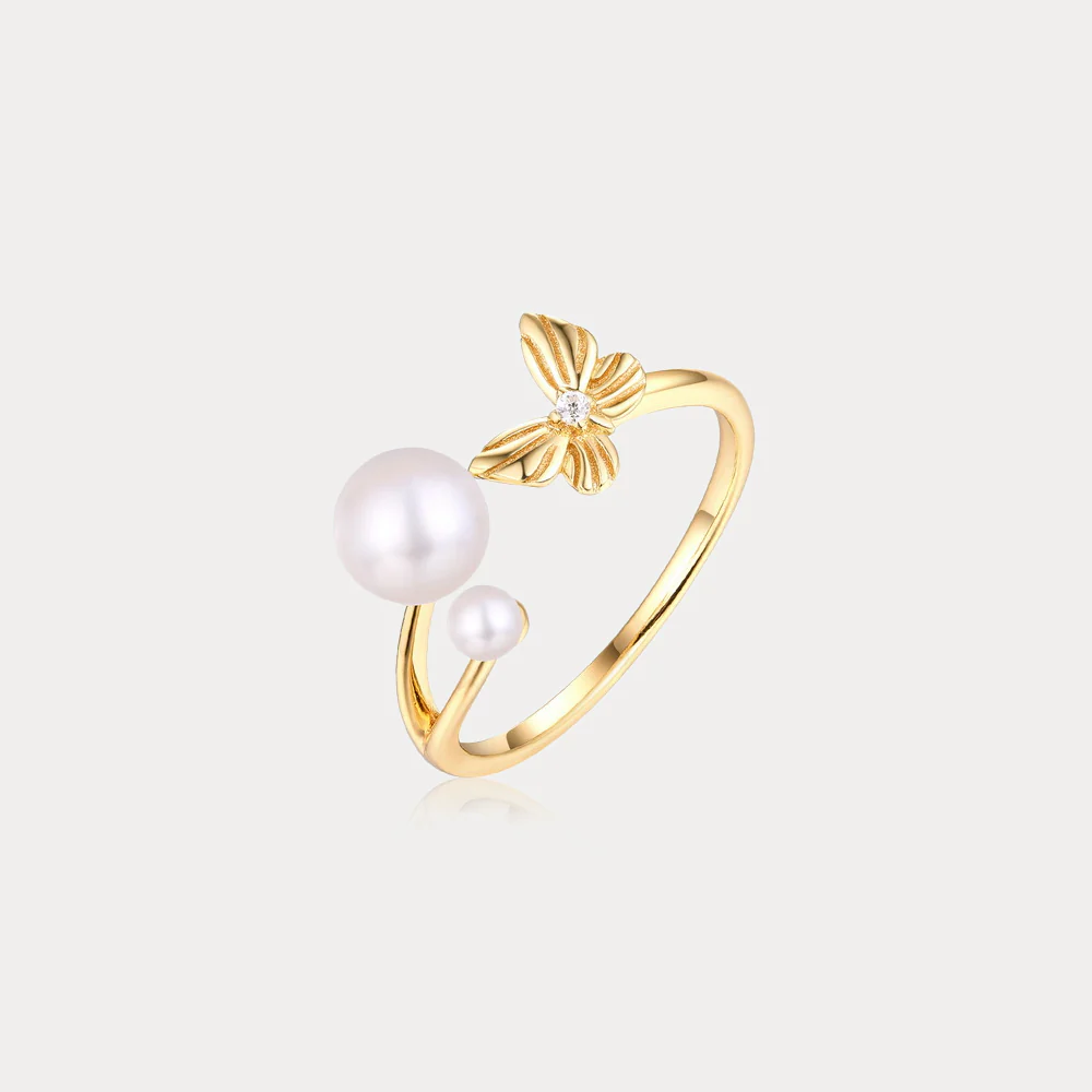 Elegant Pearl & Leaf Adjustable Ring